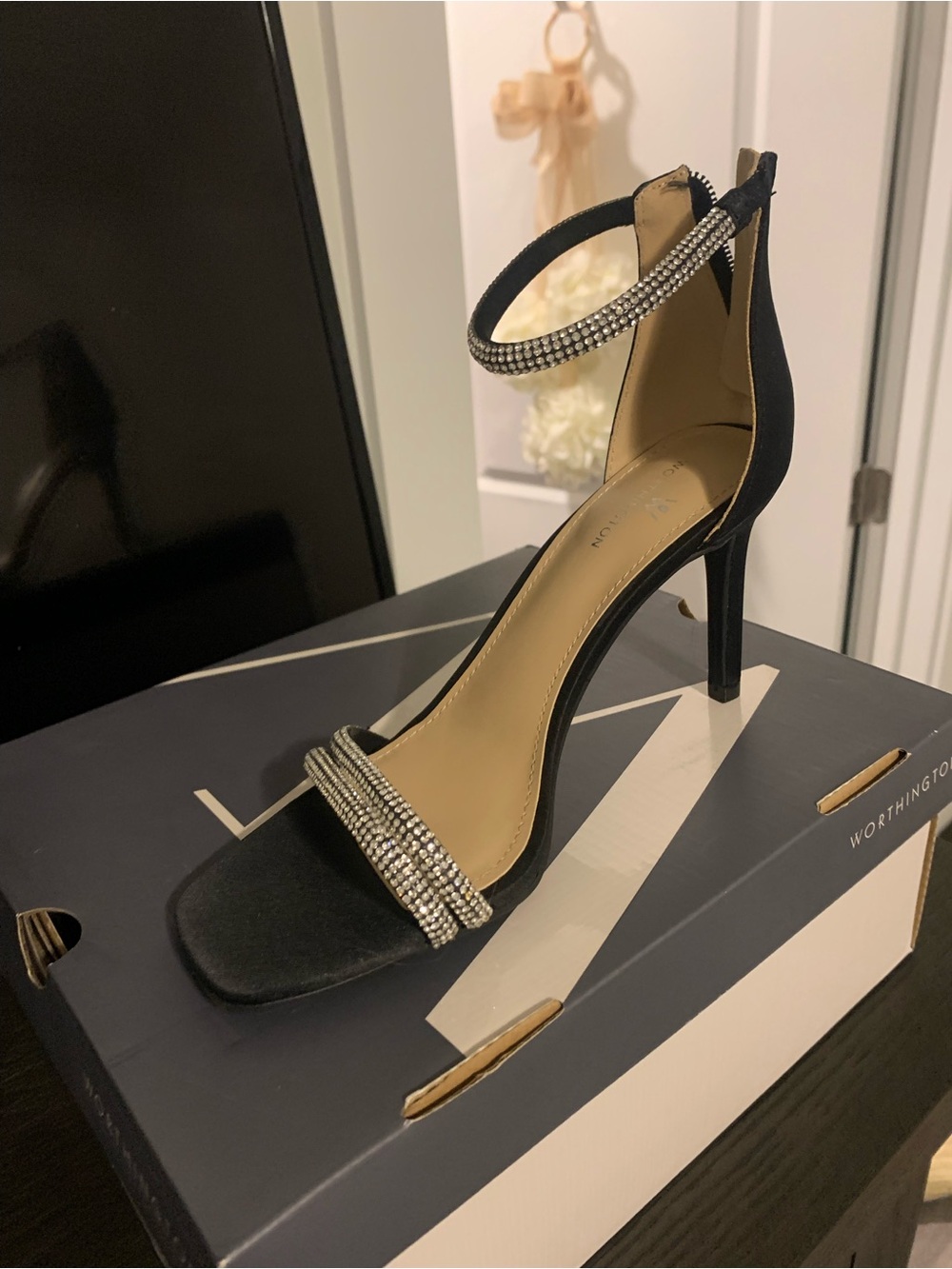Worthington Black Rhinestone Ankle-Strap High Heels